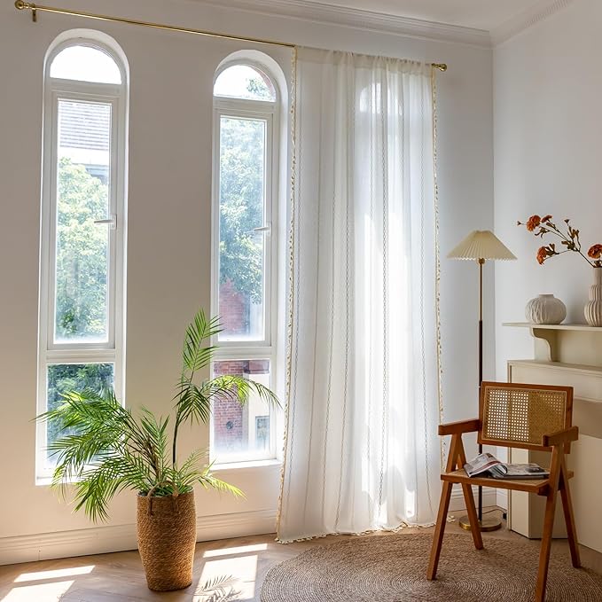 Deeprove White Boho Curtains 102 inch Extra Long for Bohemian Farmhouse House Decoration, Sheer Window Treatment, Privacy Embroidery Drape for Bedroom Living Room Doorway, 1 Panel W52 x L102