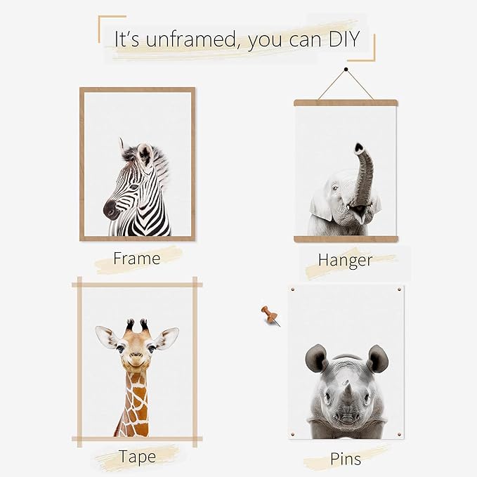 Nursery Baby Room Wall Art Decor, Jungle Nursery Baby Animal of Rhino Giraffe Zebra Decorations, Nursery Safari Cute Animal Decor for Baby Bedroom (12"x16", UNFRAMED)