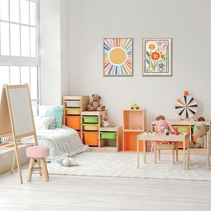 KISSFOX Framed Wall Art Nursery Wall Decor Sunshine Pictures Kids Cute Rainbow Canvas Art Colorful Sweet Paintings Boho Sunburst Artwork For Children Boys Girls Room Playroom