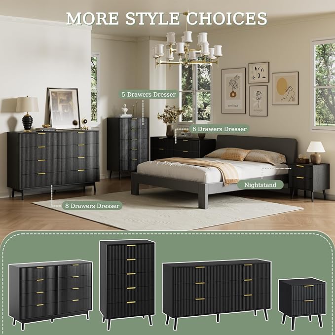 LYNSOM 55" Wide Fluted Dresser for Bedroom with 7 Drawer, Modern Chest of Drawers with Curved Profile Design and Metal Handles, Wood Dresser TV Stand & Storage Organizer for Living Room, Black