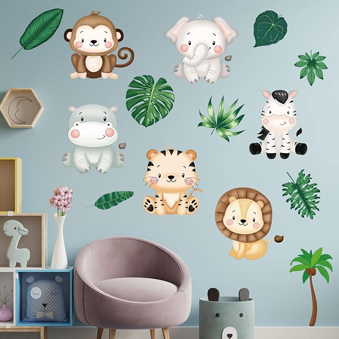 9 Sheets Baby Safari Animals Wall Stickers Jungle Animals Wall Decals Elephant Zebra Giraffe Hippo Lion Leaf Baby Nursery Decor Peel and Stick Decals Kids Bedroom Living Room Art