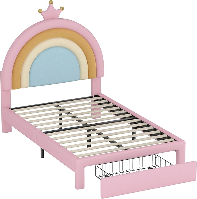 LUMISOL Princess Bed Frames for Kids,Twin Rainbow Bed Frame with Drawers, Upholstered Platform Bed, Velvet Bed for Girls, Fits Standard Twin Mattress, Pink