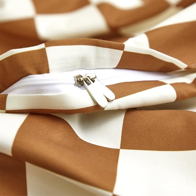 Houseri Brown Plaid Duvet Cover Twin Size White and Camel Grid Bedding Duvet Covers Twin Boys Girls Kids Modern Pumpkin Checkerboard Dorm Bedding Cover Preppy Buffalo Checkered Twin Duvet Cover Sets