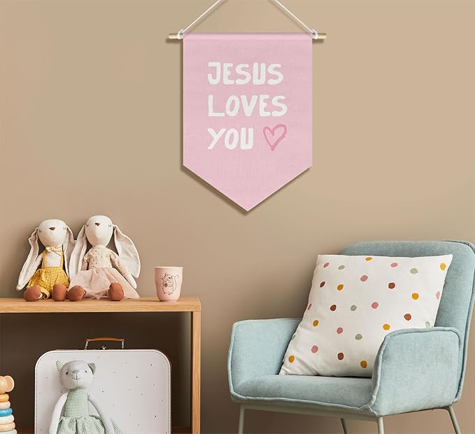 Pink Christian Wall Art for Kids Baby Girl Nursery Classroom Toddler Room Bedroom, Kid Bible Verse Wall Decor Banner Hanging Pennant, Jesus Loves You, 15x11in