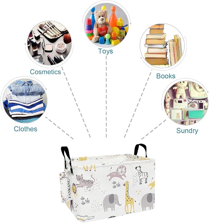 FANKANG Storage Bins, Nursery Hamper Canvas Laundry Basket Foldable with Waterproof PE Coating Large Storage Baskets for Kids Boys and Girls, Office, Bedroom, Clothes,Toys(Rec-Lovely Animals )