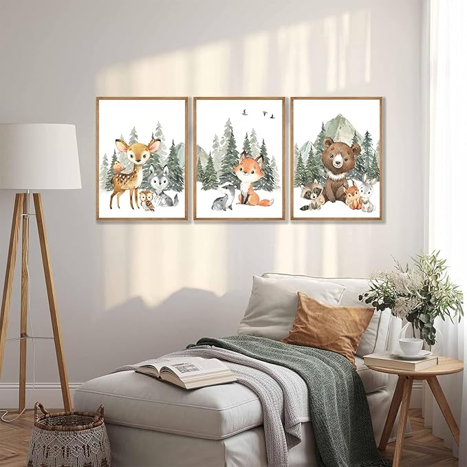 3Pcs Woodland Animal Nursery Canvas Wall Art Forest Adventure Theme Animals Picture Posters Wall Decor Cute Watercolor Deer Bear Fox Painting Print Artwork for Kids Baby Bedroom Decor 12x16in Unframed