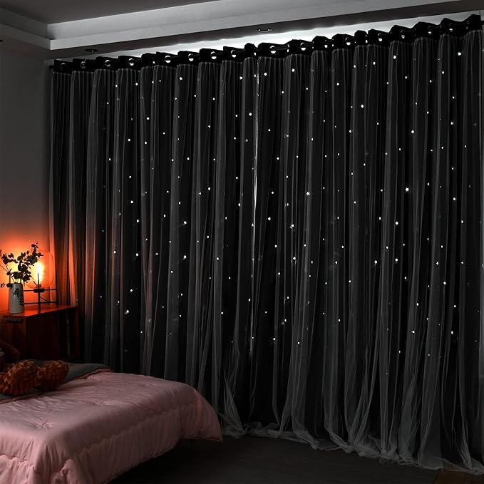 Kinryb Kids Blackout Curtains for Bedroom/Living Room/Classroom, Sheer Overlay 2 Free Tiebacks, Double Layer Curtains with Star Cutout for Kids Room(Each Piece W 70 x L 84 Inches 2 Pcs Black)