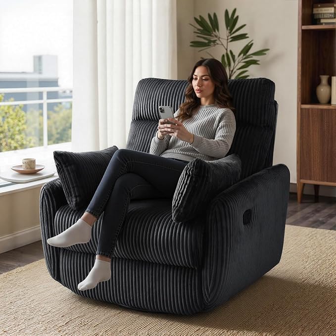 Swivel Recliner Chair for Adults, Corduroy Nursery Glider Rocking Chair, Armchair with 2 Pillows, Comfy High Back Reclining for Small Spaces, Nursery Bedroom Living Room (Corduroy Black, 1 Pack)