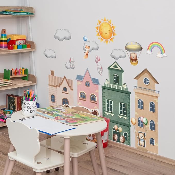 Cartoon City Wall Decals, Whimsical Hot Air Balloons, Houses, Animals, Rainbow, Sun, Clouds Design, Removable Vinyl Stickers for Kids Room, Nursery, Bedroom, Playroom Decor (Colorful-01)