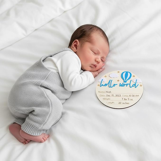 Baby Announcement Sign 5.9 Inch Wooden Hello World Newborn Signs Baby Name Plaques Birth Announcement Signs Pen Hot Air Balloon White Cloud Newborn Welcome Sign BabyShower Hospital Nursery