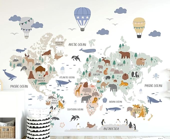 Colors Crafter Animal World Map Wall Decal - Wall Sticker - Nursery & Bedroom Gift - 60"W x 50"H