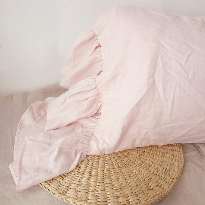 100% French Linen Pillowcase Ruffles Pillow Cover King Queen Twin 1 pcs (King, Pink)