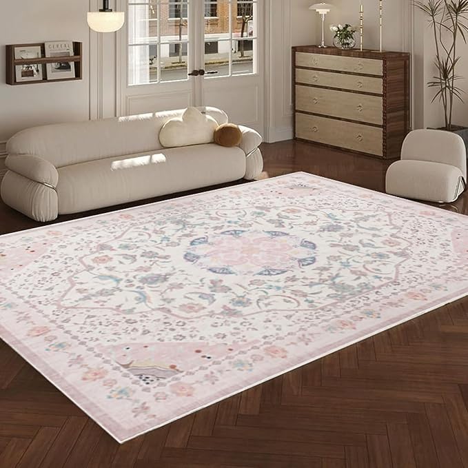 Area Rug - Vintage 3x5 Non-Slip Backing Area Rugs Light Pink Soft Faux Wool Carpet Foldable & Machine Washable Rugs for Living Room Bedroom Dining Room Nursery Home Office