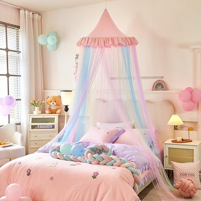 Kertnic Rainbow Bed Canopy for Girls Dreamy Mosquito Net for Bed Round Dome Princess Bed Canopy Girl Room Play Tent Kids Canopy Bed Netting Curtains (Single Layer- Pink)
