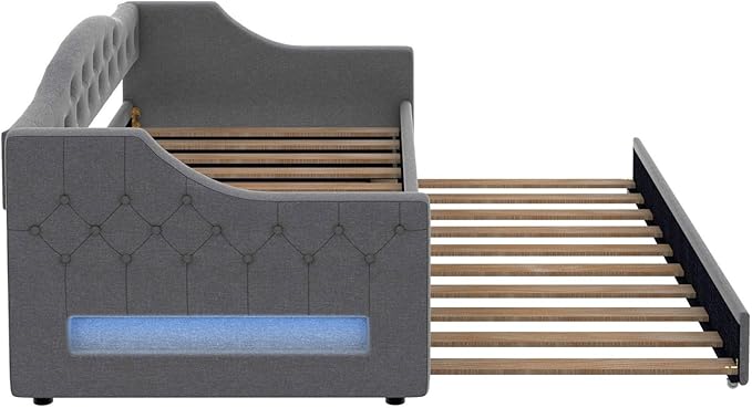 Merax Twin Size Linen Corner Daybed with Trundle and LED Belt, Upholstered Headboard Captain Bed Frames for Small Room, Bedroom, Guest Room, Kids' Room, Grey