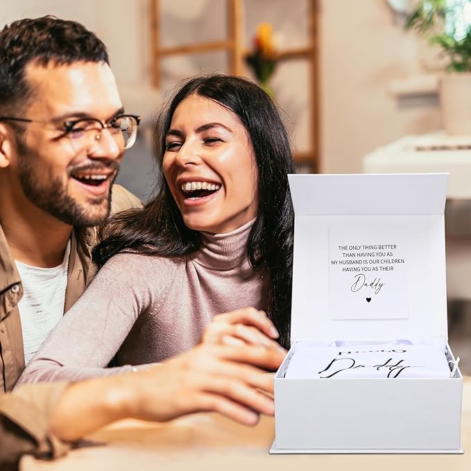 4 Pcs Pregnancy Announcement for Husband, Hello Daddy Baby Bodysuit, Hello Daddy Pregnancy Reveal Card Baby Reveal Gift Box Baby Announcement Gifts Set for Husband Partner