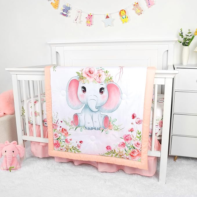 Baby Crib Bedding Set for Girls Boys, Soft Bedding Set with Comfort, Crib Skrit, Crib Sheet, Infant & Toddler Nursery Bed Set, Elephants