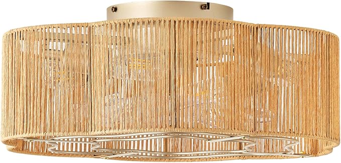 Caged Ceiling Fan with Lights, Flush Mount 20" Boho Ceiling Fans with Lights Remote Control, Low Profile Bladeless Rattan with 6 Speeds for Bedroom, Nursery, Kitchen