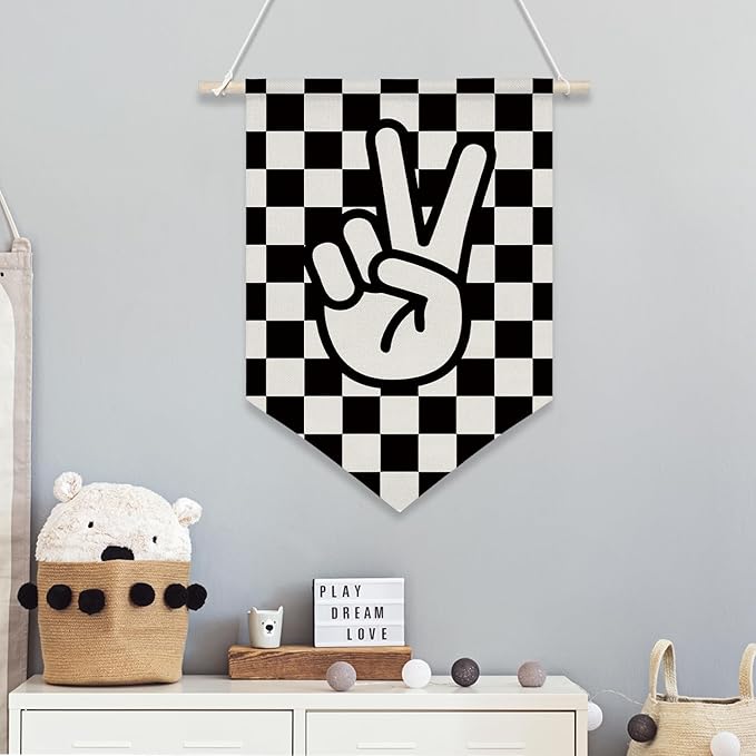 Peace Sign Wall Hanging Banner,Black and White Checkered Canvas Flag for Boys Room, Teen Room, Cool Skateboard Vibes Poster Decor, Retro Hand Gesture Hanging Sign 11x16inch(KD28)