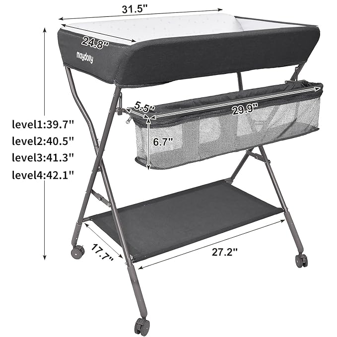 Baby Changing Table with Wheels, Maydolly Portable Adjustable Height Folding Diaper Station with Nursery Organizer & Storage Rack for Newborn Baby and Infant (Dark Grey)