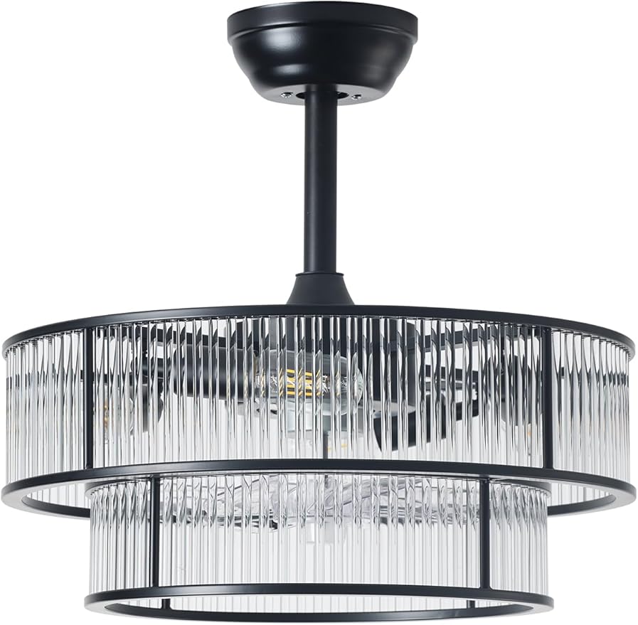 Black Fandelier Ceiling Fans with Lights, 20" Black Crystal Chandelier Ceiling Fan with Light Remote Control, Caged Mid Century with 6 Speeds for Bedroom, Living Room, Nursery