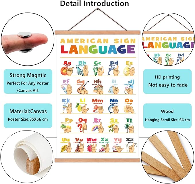 KAIRNE American Sign Language Poster With Wood Magnetic Hanger Framed(35CMx56CM),ASL Alphabet Wall art Teaching Aid alphabet Chart for Kids Playroom Classroom Decor