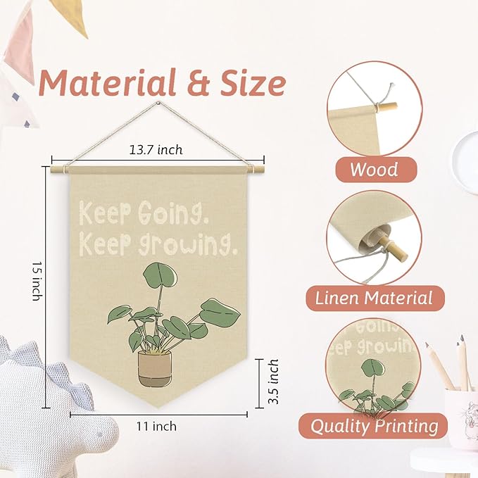 Plant Classroom Decor, Keep Going Keep Growing Motivational Linen Canvas Banner, Growth Mindset Mental Health Wall Hanging Pennant Flag Banner for Classroom Playroom Homeschool Decor, 15x11in