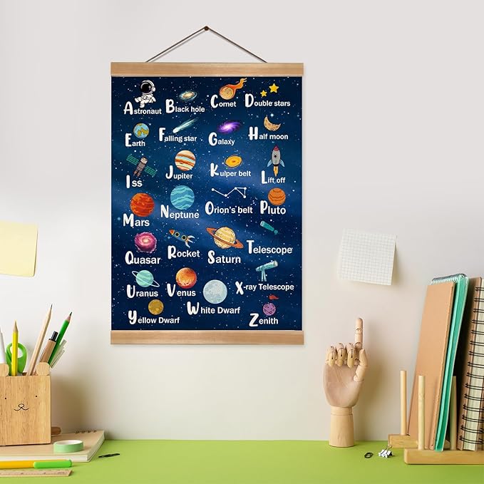 ZTGDA Space Alphabet Poster Set of 1, Children's Room Wall Art, Cosmic ABC Banner Poster, Letter Banner Wall Hanging Decor for Toddler Room Playroom Nursery Wall Classroom Decor 12x16inch (Space ABC)