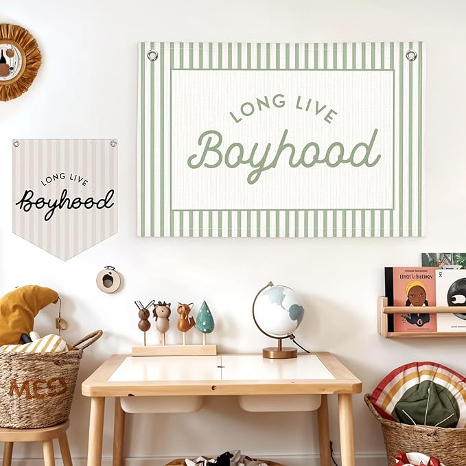 Lacama Green Long Live Boyhood Boys Room Decor, Boy Nursery Decor, Linen Banner Wall Hanging Canvas Banner Flag Decor for Toddler Boy Room Nursery 30x21 Inch