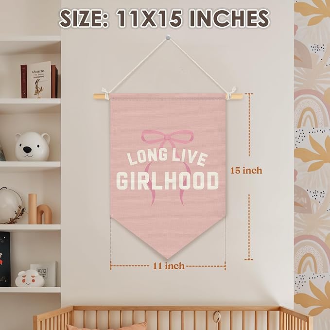Wheatwin Girls Room Decor, Long Live Girlhood Wall Hanging Pennant Flag Banner, Coquette Pink Bow Preppy Wall Decor for Toddler Nursery Baby Girls Room Bedroom Dorm Apartment 15x11 Inch