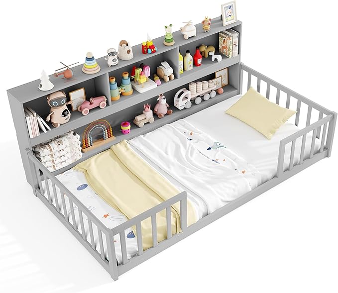 KOMFOTT Twin Floor Bed with Bookcase & Shelves, Wood Bed Frame with Bedside Bookshelves & Guardrails, Versatile 2-in-1 Montessori Floor Bed for Kids (Grey)
