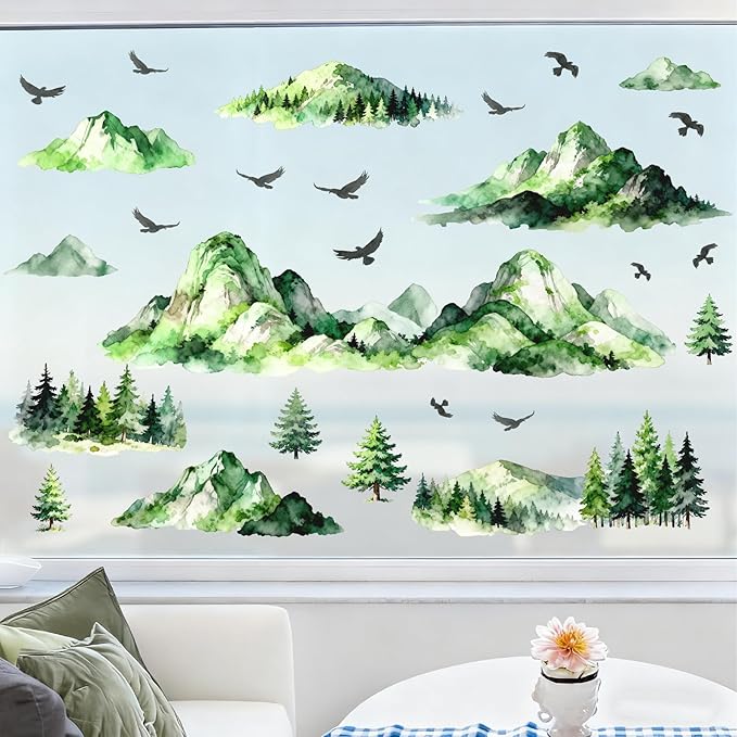 Mountain Tree Wall Stickers Watercolor Mountain Wall Decals Peel and Stick Flying Birds Woodland Green Pine Trees Wall Stickers Forest Mountains Decals for Bedroom Living Room Nursery Decor