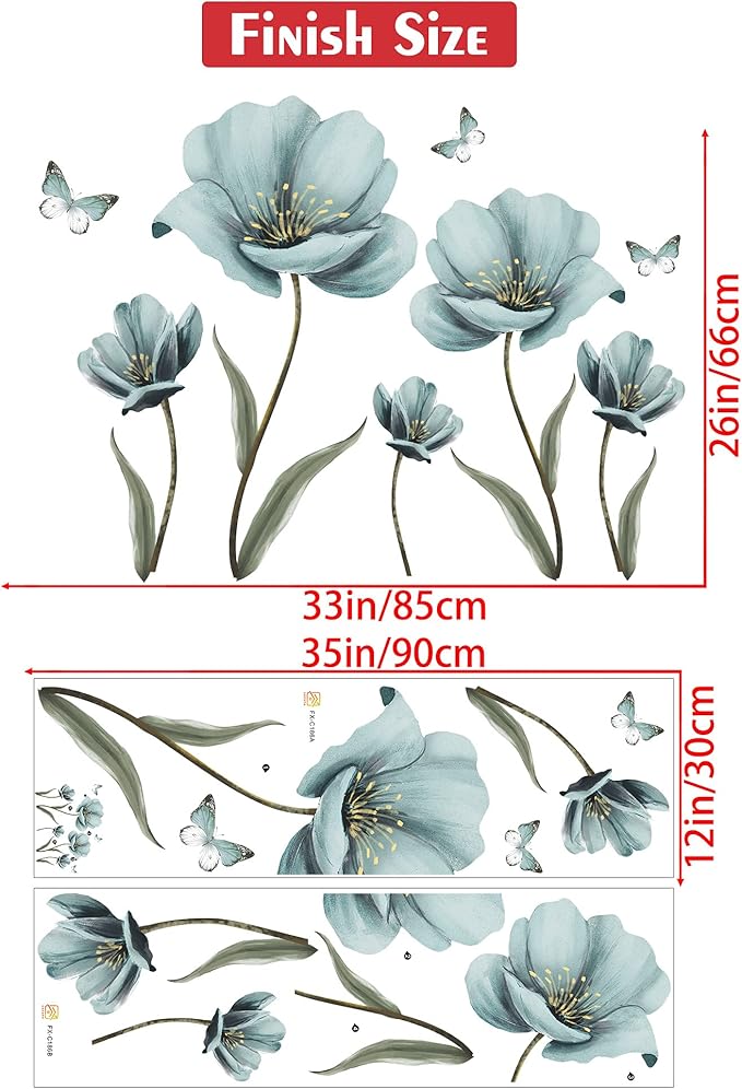 Dreamy Blue Flower Wall Stickers Creative Painted Butterflies Wall Decals Romantic Painting Art Decor Vinyl Removable Peel and Stick for Living Room Nursery Bedroom Office Bathroom Wall Decoration