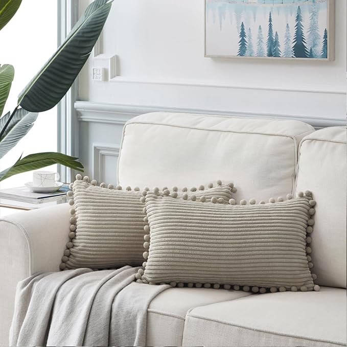 Fancy Homi Pack of 2 Boho Neutral Taupe Lumbar Decorative Throw Pillow Covers with Pom-poms, Soft Corduroy Solid Rectangle Cushion Cases Set for Couch Sofa Bedroom Car(12x20 Inch/30x50 cm)