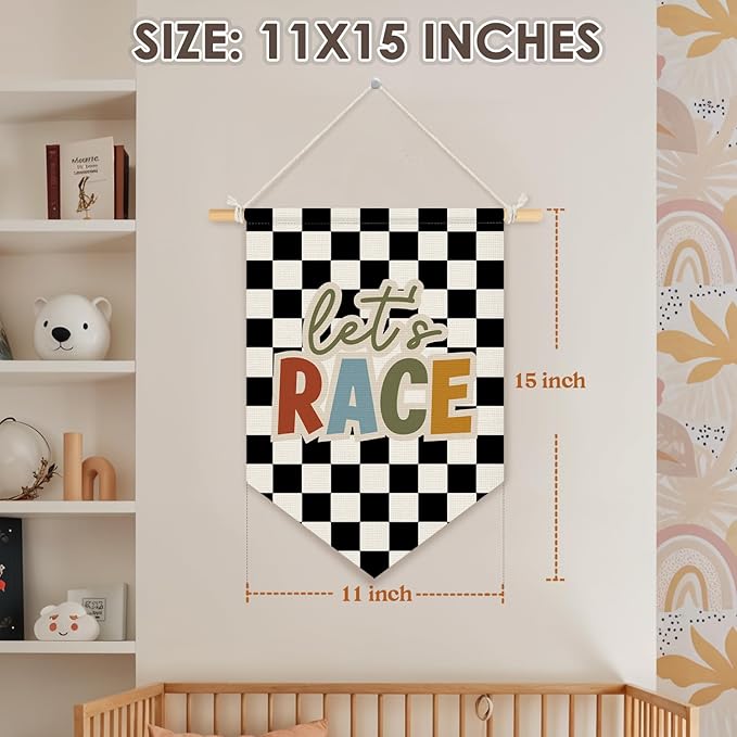 Wheatwin Toddler Boys Room Decor, Race Car Playroom Wall Decor for Kids Nursery Bedroom, Let's Race Black Checkered Wall Hanging Pennant Flag Banner, 15x11 Inch