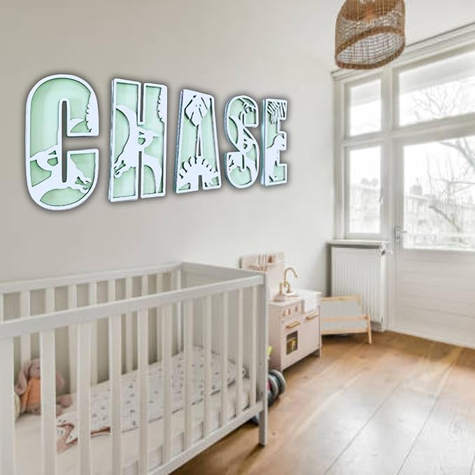 Personalized Wooden Name Sign - Custom Baby Name Signs for Nursery & Kids Room, Baby Announcement Sign, Wall Name Signs Personalized, Round Wooden Letters for Nursery Decor (3D Dinosaur)