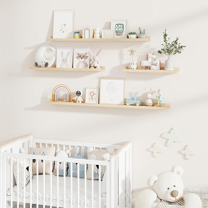 Fun Memories Picture Ledge Shelf, Pine Wood Floating Shelves Set of 2, 55 inch Nursery Book Shelves, Photo Ledge Book Shelves Wall Mounted for Living Room Kids' Room Bedroom - Natural