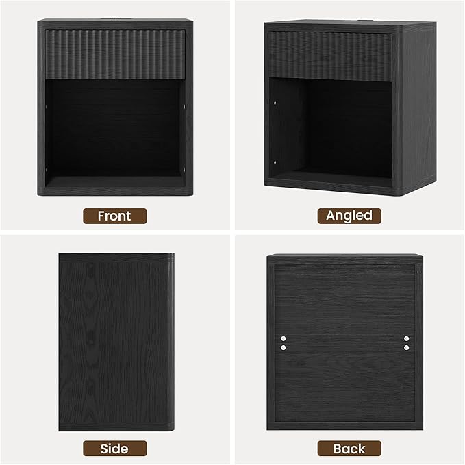 Fluted Nightstand Set of 2 with Charging Station, 21.7" Wide Modern Bedside Table with 1 Drawers Open Storage Cabinet, Wooden End Table for Bedroom,Black