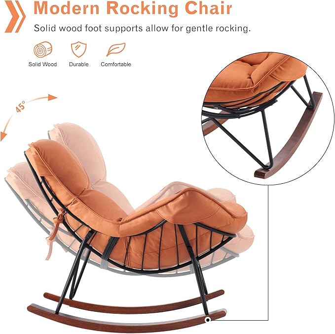 MCombo Modern Rocking Chair, Upholstered Glider Rocker Nursery Accent Chair with Ottoman, Comfy Reading Chairs for Living Room Bedroom Offices HQ203 (Orange)