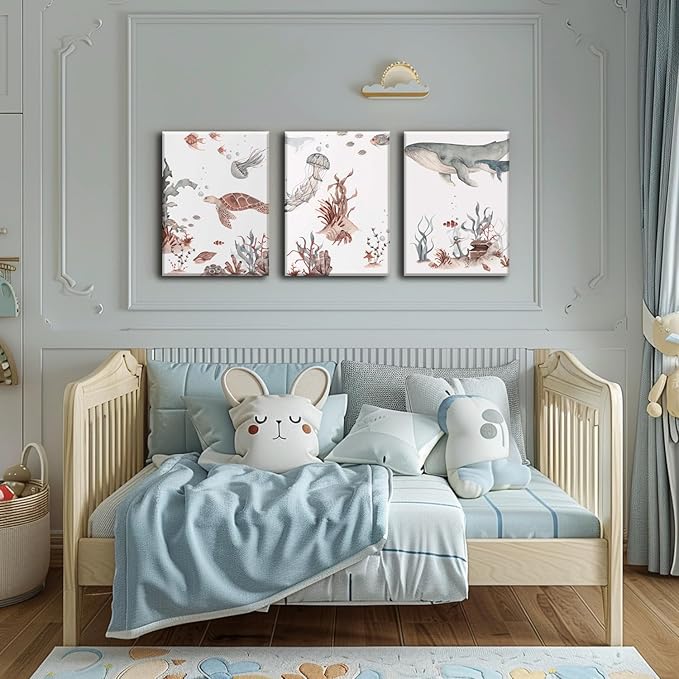 Wodkwq Ocean Nursery Decor,Nursery Wall Decor,Kids Bathroom Decor,Under The Sea,Boys Room Sea Animal Wall Art Picture Canvas Prints Set of 3,Bedroom 12x16 Inch Framed