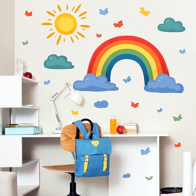 Rainbow Wall Decals Watercolor Sun Cloud Wall Stickers for Kids Room, Cute Cloudy Rainbow Wall Decor Butterfly Sun Decorations Peel and Stick Removable Decals for Girls Room Nursery