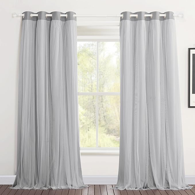 PONY DANCE Double-Layered Curtains White Sheer Solid Blackout Curtains 72 Inch Length Grommet Thermal Insulated Panels for Nursery Living Room/Sliding Glass Door (W52xL72, Silver Grey, One Pair)