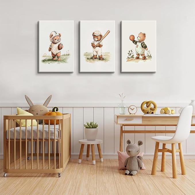 3Pcs Nursery Teddy Bear Canvas Wall Art Vintage Sports Bear Wall Decor Sports Boys'Room Artwork Prints Basketball Football Baseball Painting Pictures for Children's Room Boys' Room (12x16in Canvas)