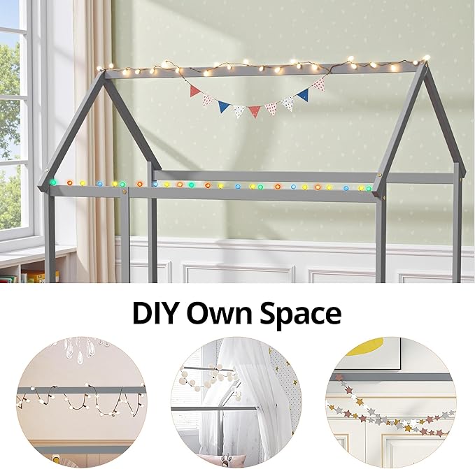 LLS Twin Floor Bed Frame with Roof, Wooden Montessori Bed with Fence, House Bed for Boys Girls Bedroom, Gray
