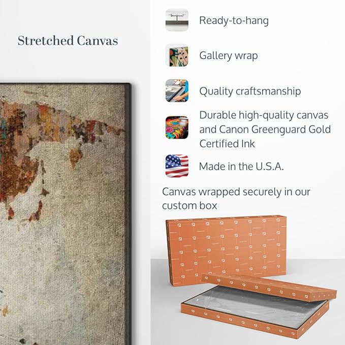 ElephantStock Rusty World Map Multi Piece Canvas - 3 Piece Canvas World Map Wall Decor - Wall Decor - Ready-to-Hang Print - Vintage Wall Art - 57" X 36"