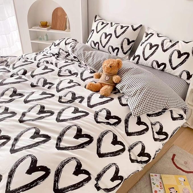 Houseri Love Duvet Cover Twin Heart Shaped Bedding Sets White and Black Duvet Cover for Toddlers Boys Girls Love Heart Bedding Duvet Covers Twin Size