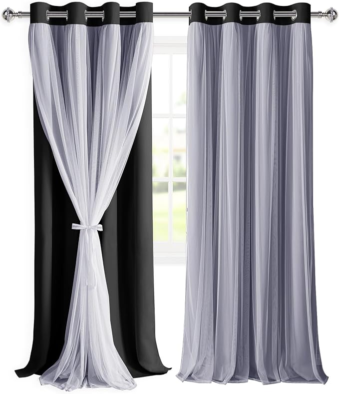 DWCN Black Layered Curtains for Living Room Blackout and Sheer Curtains Grommet Top Window Panels with Sheer Overlay for Bedroom, 52 W by 96 L, 2 Pieces