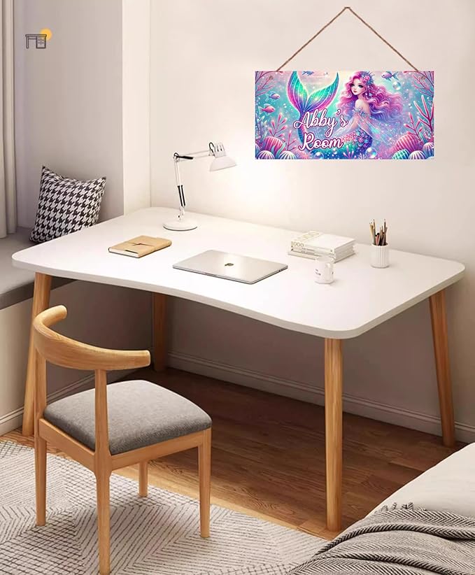 Personalized Mermaid Signs for Girls Room Bedroom Door Hanging Wooden Signs Custom Baby Name Ocean Door Hanger Baby Nursery Room Customized Kids Room Décor
