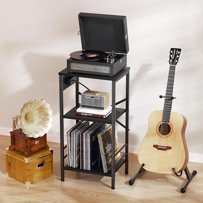 Record Player Stand with Charging Station, 3-Tier End Table with LED Light, Side Table Nightstand for Vinyl Storage,Tall Beside Tables Turntable Stand Living Room, Bedroom, Black