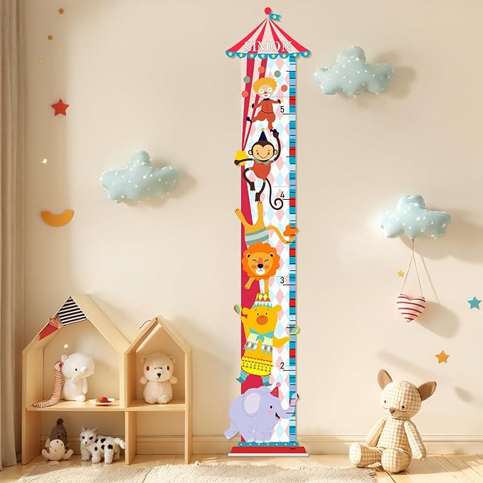 Personalized Growth Chart for Wall, Circus Animals Height Measurement for Kids, Wooden Growth Chart for Kids Room Nursery Wall Decor